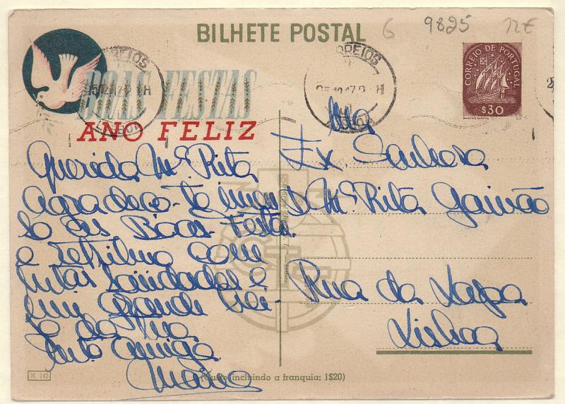0673.jpg -     Lote:    673            Portugal       Descrição:         1947 &mdash; Boas Festas. Selo tipo Caravela. OM109 (n.º 142 &mdash; Pomba com carta no bico), $30 castanho. Circulado em Lisboa (25.12.47).        IC       Valor Base:     &euro; 10,00     Valor Venda:     &euro; 10,00     