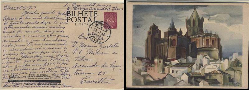 0679.jpg -     Lote:    679            Portugal       Descrição:         1953 &mdash; Série G. Selo tipo Caravela. Ilustrados no verso com monumentos. OM124 IXM1 (Évora &mdash; Sé Catedral &mdash; Lado Posterior), $50 lilás-rosa. Circulado de Elvas (26.11.63) para a Covilhã.        IC       Valor Base:     &euro; 8,00     Valor Venda:     Retirado     