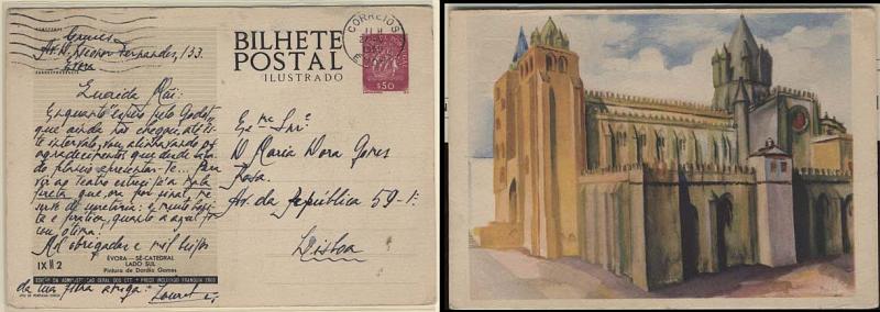 0680.jpg -     Lote:    680            Portugal       Descrição:         1953 &mdash; Série G. Selo tipo Caravela. Ilustrados no verso com monumentos. OM124 IXM2 (Évora &mdash; Sé Catedral &mdash; Lado Sul), $50 lilás-rosa. Circulado de Évora (27.05.59) para Lisboa.        IC       Valor Base:     &euro; 8,00     Valor Venda:     Retirado     