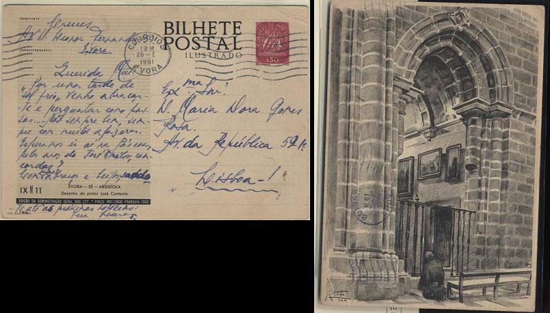 0682.jpg -     Lote:    682            Portugal       Descrição:         1953 &mdash; Série G. Selo tipo Caravela. Ilustrados no verso com monumentos. OM124 IXM11 (Évora &mdash; Sé &mdash; Absidíola), $50 lilás-rosa. Circulado de Évora (26.01.61) para Lisboa.        IC       Valor Base:     &euro; 8,00     Valor Venda:     &euro; 12,00     