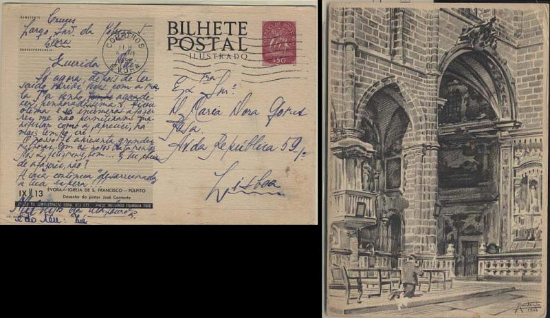 0683.jpg -     Lote:    683            Portugal       Descrição:         1953 &mdash; Série G. Selo tipo Caravela. Ilustrados no verso com monumentos. OM124 IXM13 (Évora &mdash; Igreja de S. Francisco - Púlpito), $50 lilás-rosa. Circulado de Évora (04.06.58) para Lisboa.        IC       Valor Base:     &euro; 8,00     Valor Venda:     Retirado     