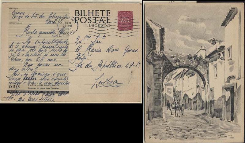 0684.jpg -     Lote:    684            Portugal       Descrição:         1953 &mdash; Série G. Selo tipo Caravela. Ilustrados no verso com monumentos. OM124 IXM15 (Évora &mdash; Rua Pedro Simões), $50 lilás-rosa. Circulado de Évora (26.07.57) para Lisboa.        IC       Valor Base:     &euro; 8,00     Valor Venda:     &euro; 12,00     