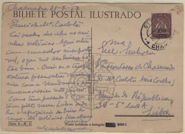 0686.jpg -     Lote:    686            Portugal       Descrição:         1953 &mdash; Série D. Selo tipo Caravela, com sobretaxa. OM128 D &mdash; n.º 2 (Convento de Cristo), $50 s/ $30 castanho. Circulado da Chamusca (31.07.57) para Lisboa.        IC       Valor Base:     &euro; 8,00     Valor Venda:     Retirado     
