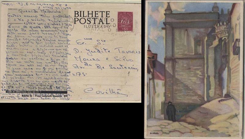 0690.jpg -     Lote:    690            Portugal       Descrição:         1963 &mdash; Série G, com selo tipo Caravela, com sobretaxa. OM153 IVM8 (Viseu &mdash; Um trecho da Sé), ($50) s/ $50 lilás-rosa. Circulado de Lisboa (19.12.??) para a Covilhã.        IC       Valor Base:     &euro; 8,00     Valor Venda:     &euro; 12,00     