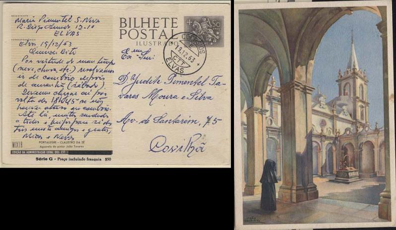 0692.jpg -     Lote:    692            Portugal       Descrição:         1963 &mdash; Série G &mdash; PORTALEGRE, com selo Cavaleiro Medieval e com sobretaxa preta. OM154 MIX18 (Claustro da Sé), ($50) s/ $50 preto e cinzento. Circulado de Elvas (19.12.63) para a Covilhã. MB.        IC       Valor Base:     &euro; 15,00     Valor Venda:     Retirado     
