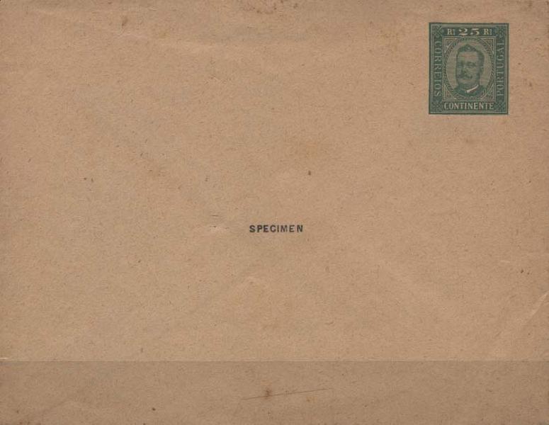 0694.jpg -     Lote:    694            Portugal       Descrição:         1893 &mdash; Sobrescritos. D. Carlos I, tipo Diogo Neto. OM3, 25 reis verde sobre papel camurça. Sobrescrito novo com sobrecarga horizontal batida a preto "SPECIMEN", distribuído com as reimpressões de 1905. MB.        IN       Valor Base:     &euro; 10,00     Valor Venda:     Retirado     