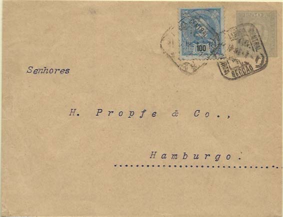 0695.jpg -     Lote:    695            Portugal       Descrição:         1893 &mdash; D. Carlos I tipo Diogo Neto. Sobrescritos. OM4, 50 reis cinzento-azul. Circulado de Lisboa (02.11.96) para Hamburgo (04.11.96) com selo adicional de 100 reis azul tipo D. Carlos I Mouchon CE135.        IC       Valor Base:     &euro; 15,00     Valor Venda:     &euro; 34,00     