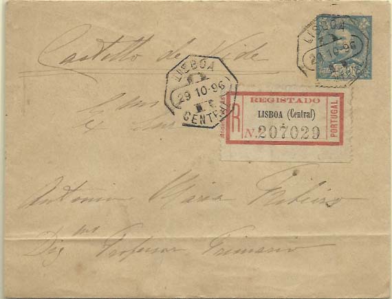 0696.jpg -     Lote:    696            Portugal       Descrição:         1896 &mdash; D. Carlos I Mouchon. Sobrescritos. OM6, 50 reis azul claro. Circulado registado internamente de Lisboa (29.10.96) para Castelo de Vide.         IC       Valor Base:     &euro; 25,00     Valor Venda:     &euro; 25,00     