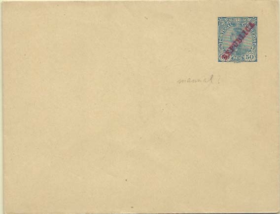 0697.jpg -     Lote:    697            Portugal       Descrição:         1910 &mdash; D. Manuel II com sobrecarga REPUBLICA. OM10, 50 reis azul. Sobrecarga manual. MR.        IN       Valor Base:     &euro; 30,00     Valor Venda:     Retirado     