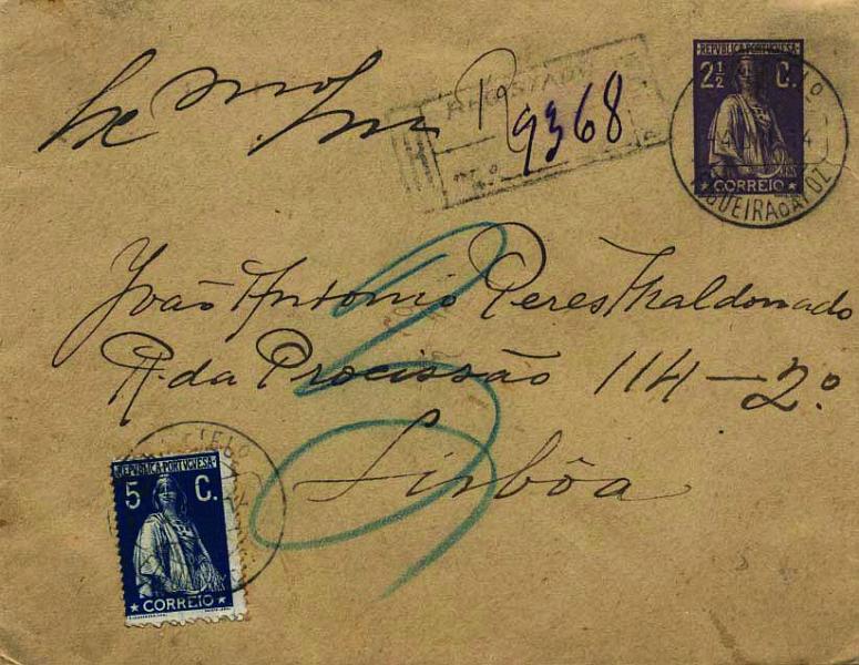 0698.jpg -     Lote:    698            Portugal       Descrição:         1912 &mdash; Ceres. Sobrescritos. OM11, 2 &frac12; c violeta claro sobre papel amarelo, circulado registado da Figueira da Foz (04.07.14) para Lisboa (05.07.14) com selo adicional de 5c azul, denteado 15x14, papel porcelana, CE212. MB e R.        IC       Valor Base:     &euro; 30,00     Valor Venda:     &euro; 30,00     