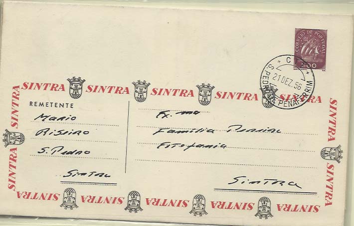 0699.jpg -     Lote:    699            Portugal       Descrição:         1956 &mdash; Carta Universal. Selo tipo "Caravela". OM4, 1$00 violeta-vermelho. Série B2. Circulada de S. Pedro de Pedro de Penaferrim (21.12.56) para Sintra. MB e R.        IC       Valor Base:     &euro; 40,00     Valor Venda:     Retirado     