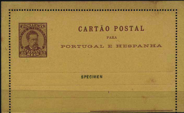 0701.jpg -     Lote:    701            Portugal       Descrição:         1887 &mdash; D. Luís I. Cartões Postais. OM1, 25 reis castanho sobre cartolina amarela castanha. Inteiro novo com sobrecarga "SPECIMEN", distribuídos com as reimpressões de 1905.        IN       Valor Base:     &euro; 20,00     Valor Venda:     Retirado     