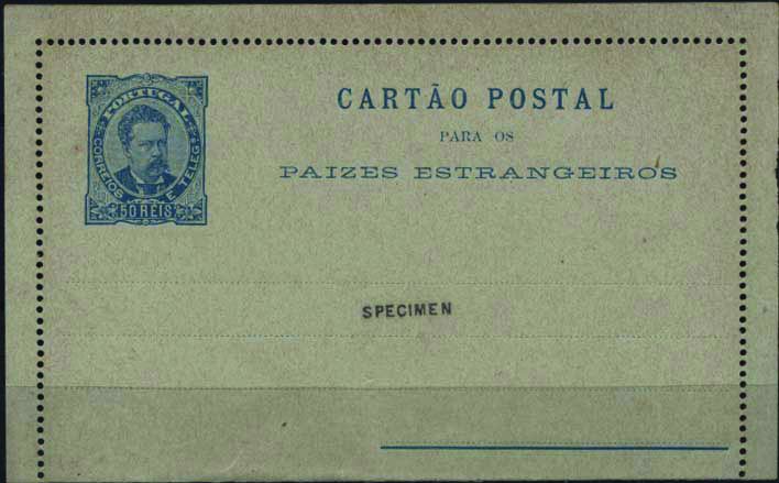0702.jpg -     Lote:    702            Portugal       Descrição:         1887 &mdash; D. Luís I. Cartões Postais. OM2, 50 reis azul sobre cartolina azul clara. Inteiro novo com sobrecarga "SPECIMEN", distribuídos com as reimpressões de 1905.        IN       Valor Base:     &euro; 20,00     Valor Venda:     Retirado     
