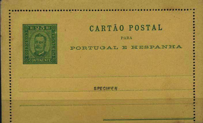 0703.jpg -     Lote:    703            Portugal       Descrição:         1887 &mdash; D. Carlos I tipo Diogo Neto. Cartões Postais. OM3, 25 reis verde sobre cartolina amarelo-castanha. Inteiro novo com sobrecarga "SPECIMEN", distribuídos com as reimpressões de 1905.        IN       Valor Base:     &euro; 20,00     Valor Venda:     Retirado     