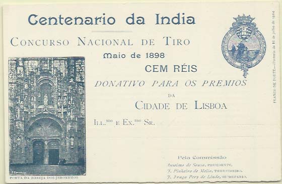 0707.jpg -     Lote:    707            Portugal       Descrição:         1898 &mdash; Concurso Nacional de Tiro. OM CI6B azul (Porta da Igreja dos Jerónimos). Novo. MB e R.        IN       Valor Base:     &euro; 25,00     Valor Venda:     &euro; 32,00     
