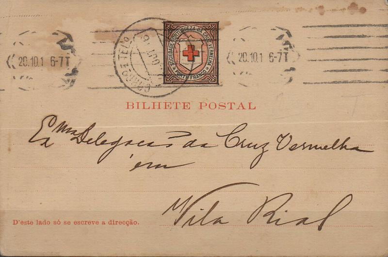 0709.jpg -     Lote:    709            Portugal       Descrição:         1908 &mdash; Cruz Vermelha Portuguesa. Selo da Sociedade Portuguesa da Cruz Vermelha. Bilhetes Postais Isentos de Franquia. OM CV1 (cartolina creme). Circulado de Lisboa (20.10.16) para Vila Real (22.10.16).        IC       Valor Base:     &euro; 20,00     Valor Venda:     &euro; 20,00     