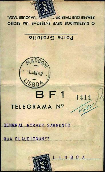 0710.jpg -     Lote:    710            Portugal       Descrição:         1941 &mdash; Boas Festas. Impressos de Telegramas. OM14 BF1 "boas festas / e / felicidades no ano novo, circulado em Lisboa (01.01.42) Carimbo batido a preto da "MARCONI / LISBOA". Apenas emitidos cerca de 10.000.        IC       Valor Base:     &euro; 20,00     Valor Venda:     Retirado     