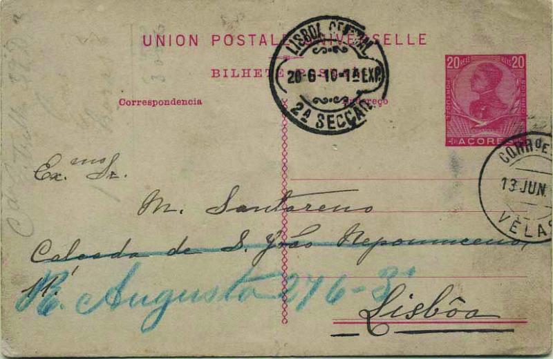 0711.jpg -     Lote:    711            Açores       Descrição:         1910 &mdash; D. Manuel II. OM31, 20 reis carmim sobre cartolina branca. Circulado de Velas (13.06.10) para Lisboa (20.06.10). Dobre vertical ao centro.        IC       Valor Base:     &euro; 10,00     Valor Venda:     Retirado     
