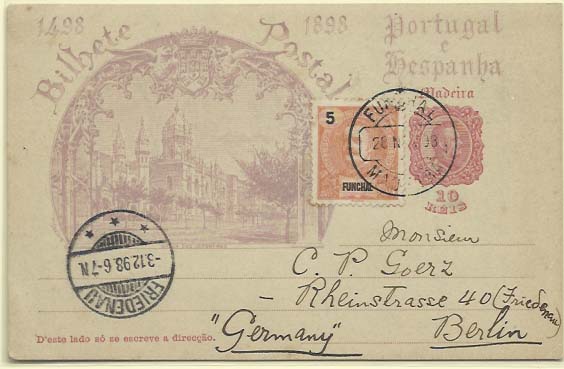 0712.jpg -     Lote:    712            Açores       Descrição:         1898 &mdash; 4.º Centenário do Descobrimento do Caminho Marítimo para a Índia. OM8B, 10 reis rosa carmim. Circulado do Funchal (28.11.98) para Berlim (03.12.98) com selo adicional de 5 reis CE14.        IC       Valor Base:     &euro; 8,00     Valor Venda:     &euro; 16,00     