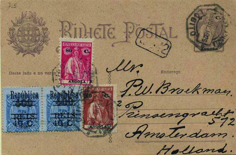 0714.jpg -     Lote:    714            Angola       Descrição:         1926 &mdash; Ceres. Aumento de porte. OM18, 6C lilás. Circulado do Lobito (15.07.26) para a Holanda, com selos adicionais de 10C, 80C e 2x40C s/ 400 s/ 200 reis, CE151, 209 e 223. MB.        IC       Valor Base:     &euro; 20,00     Valor Venda:     &euro; 20,00     