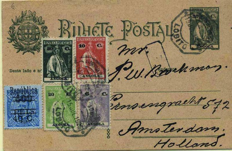 0715.jpg -     Lote:    715            Angola       Descrição:         1926 &mdash; Ceres. Aumento de porte. OM19, 30C verde-escuro. Circulado com selos adicionais de 10C, 20C, 6C, 30C e 40C s/400 reis s/ 200 reis, CE151, 153, 203, 206 e 223, do Lobito (15.07.26) para a Holanda. MB.        IC       Valor Base:     &euro; 20,00     Valor Venda:     &euro; 20,00     