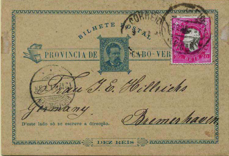 0717.jpg -     Lote:    717            Cabo Verde       Descrição:         1885 &mdash; D. Luís. OM1, 10 reis azul sobre cartolina camurça, com selo adicional de 20 reis carmim rosa emissão D. Luís I, fita direita, denteado 13 &frac12; CE17. Circulado de S. Vicente (25.11.91) para a Alemanha (12.12.91) com trânsito por Lisboa (09.12.91). MB.        IC       Valor Base:     &euro; 100,00     Valor Venda:     &euro; 110,00     