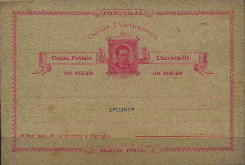 0718.jpg -     Lote:    718            Guiné       Descrição:         1885 &mdash; D. Luís I. OM2, 20 reis rosa sobre cartolina camurça. Inteiro novo com sobrecarga "SPECIMEN", distribuídos com as reimpressões de 1905.        IN       Valor Base:     &euro; 15,00     Valor Venda:     Retirado     
