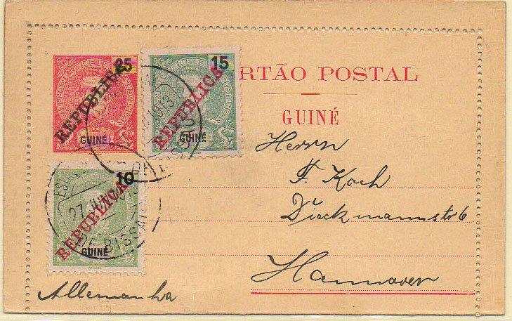 0719.jpg -     Lote:    719            Guiné       Descrição:         1903/05 &mdash; D. Carlos I tipo Mouchon, com sobrecarga REPUBLICA. Cartões Postais. OM16, 25 reis carmim, circulado de Bissau (27.06.19) para Hanover, com selos adicionais de 10 e 15 reis D. Carlos I com sobrecarga REPUBLICA CE100/101.        IC       Valor Base:     &euro; 30,00     Valor Venda:     Retirado     