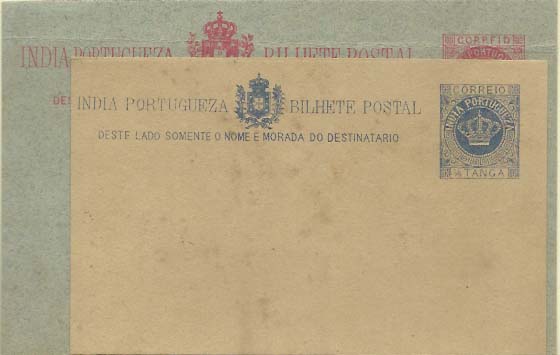0721.jpg -     Lote:    721            Índia       Descrição:         1882 &mdash; Tipo Coroa. OM&frac12;, &frac14; tanga azul sobre cartolina camurça + 1T vermelho sobre cartolina corada de cinzento-anil. Novos. MBC.        IN       Valor Base:     &euro; 15,00     Valor Venda:     Retirado     