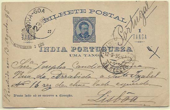 0726.jpg -     Lote:    726            Índia       Descrição:         1892 &mdash; D. Luís I com sobrecarga preta "SUPPRIMENTO 3 REIS". OM6, 1T + 3 reis azul. Circulado de Nova Goa (23.07.95) para Lisboa (12.08.95). MB.        IC       Valor Base:     &euro; 10,00     Valor Venda:     &euro; 10,00     