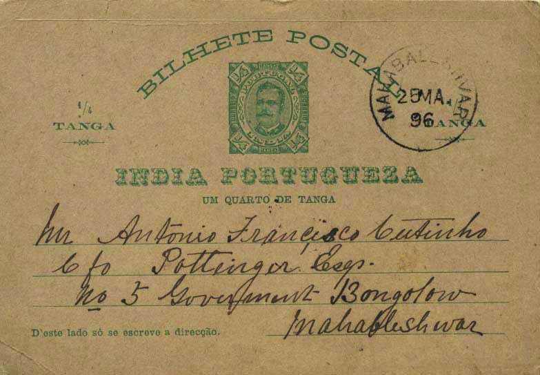 0727.jpg -     Lote:    727            Índia       Descrição:         1895 &mdash; D. Carlos I tipo Diogo Neto. OM7, &frac14; T verde (altura da gravura 75,5mm) circulado de Siolim (20.03.96) para Mahabaleshwar (25.03.96). MB.        IC       Valor Base:     &euro; 8,00     Valor Venda:     &euro; 10,00     