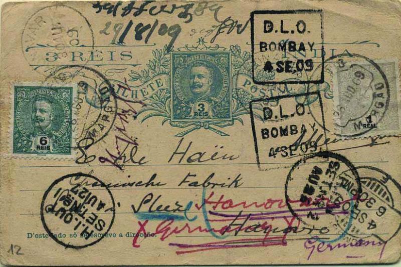 0728.jpg -     Lote:    728            Índia       Descrição:         1903 &mdash; D. Carlos I tipo Mouchon. OM11, 3 reis azul sobre cartolina camurça clara. Circulado de Margão (26.08.09) para Hanover com trânsito por Bombaim (04.09.09) com selos adicionais de 1 real e 6 reis tipo D. Carlos I Mouchon, CE185 e 190. MB e R.        IC       Valor Base:     &euro; 120,00     Valor Venda:     Retirado     