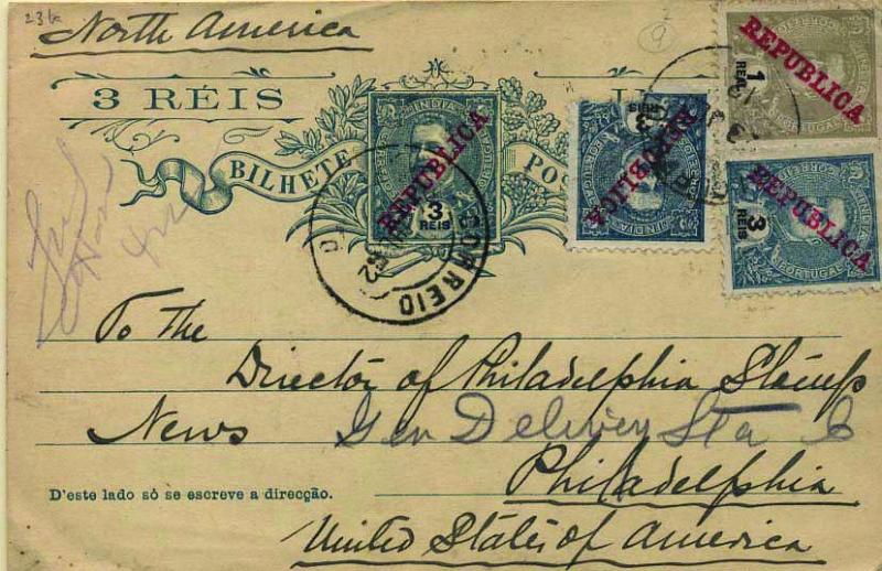 0729.jpg -     Lote:    729            Índia       Descrição:         1914 &mdash; D. Carlos I tipo Mouchon com sobrecarga REPUBLICA da Casa da Moeda. OM22, 3 reis azul sobre cartolina camurça escura. Circulado de Neurá (24.12.12) para Filadélfia com trânsito por Margão (24.07.12), com selo de 1 real cinzento CE200 e dois selos de 3 reis azul CE204, todos da emissão de D. Carlos I tipo Mouchon com sobrecarga REPUBLICA da Casa da Moeda.        IC       Valor Base:     &euro; 100,00     Valor Venda:     Retirado     