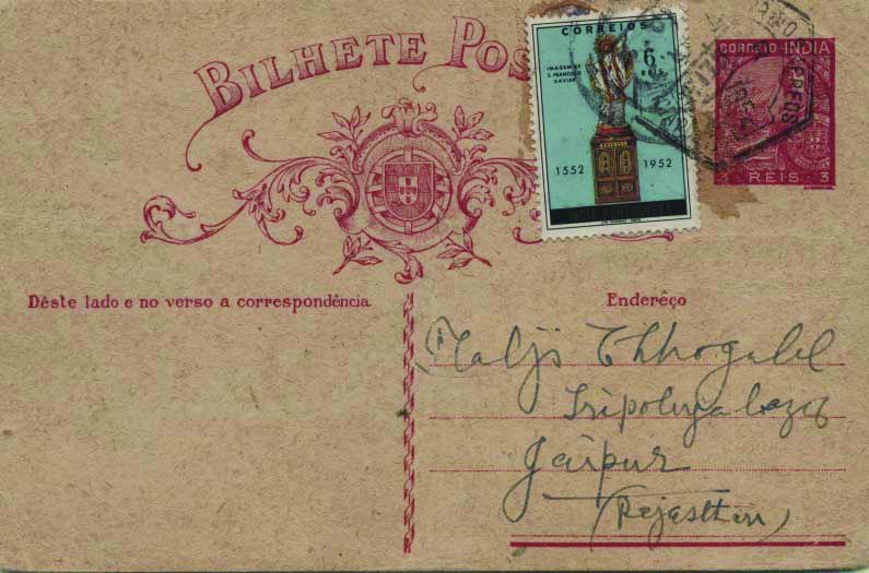 0730.jpg -     Lote:    730            Índia       Descrição:         1934 &mdash; Tipo Lusíadas, com selo do tipo Padrões. OM39, 3 reis carmim, cartolina creme rugosa, circulado com selo adicional de 6 reis CE426 de Goa (Vasco da Gama) para Jaipur.        IC       Valor Base:     &euro; 6,00     Valor Venda:     &euro; 6,00     