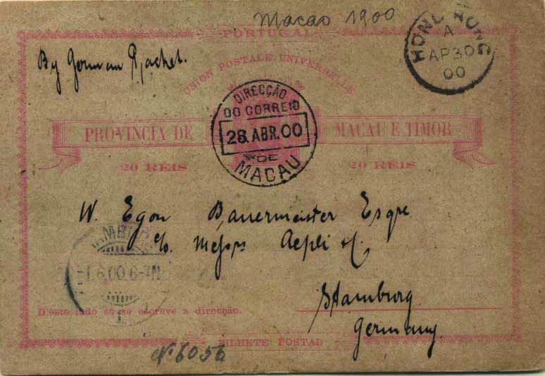 0732.jpg -     Lote:    732            Macau       Descrição:         1885 &mdash; D. Luís I. OM2, 20 reis rosa claro sobre cartolina camurça, circulado de Macau (28.04.00) para a Alemanha (01.06.00) com trânsito por Hong-Kong (30.04.00). B.        IC       Valor Base:     &euro; 15,00     Valor Venda:     &euro; 22,00     