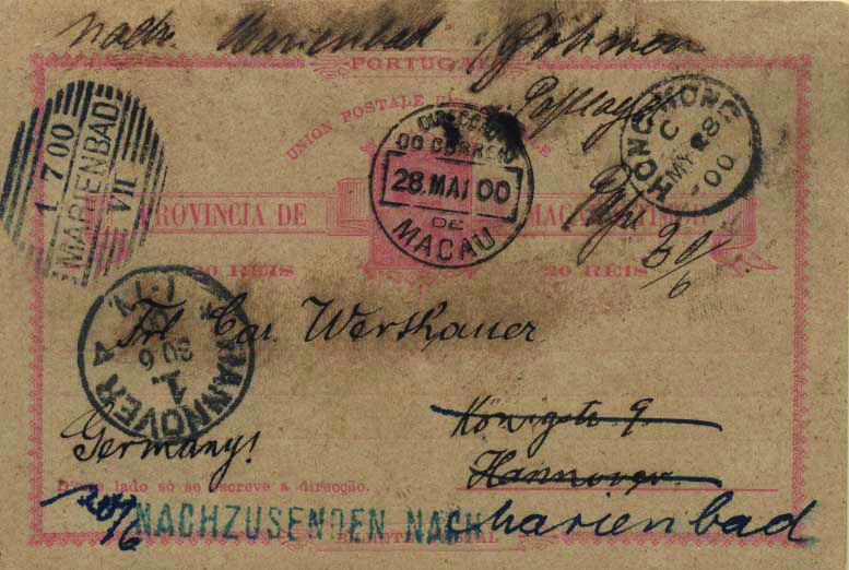 0734.jpg -     Lote:    734            Macau       Descrição:         1885 &mdash; D. Luís I. OM2, 20 reis rosa claro sobre cartolina camurça, circulado de Macau (28.05.00) para a Honnover (30.06.00) com trânsito por Hong-Kong (28.08.00). Reendereçado para Marienbad (01.07.00). B.        IC       Valor Base:     &euro; 20,00     Valor Venda:     &euro; 65,00     