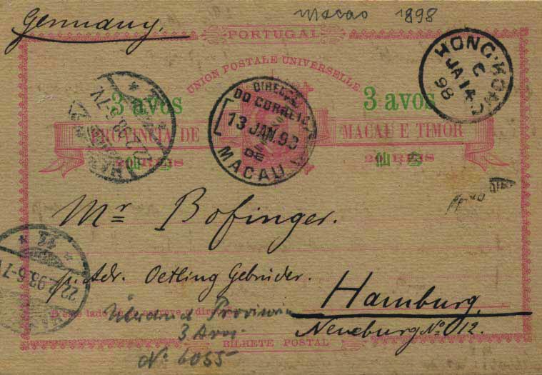 0737.jpg -     Lote:    737            Macau       Descrição:         1894 &mdash; D. Luís I, com sobretaxa e sobrecarga "PROVISÓRIO". OM5, 3 avos s/ 20 reis rosa claro sobre cartolina camurça. Circulado de Macau (13.01.98) para Hamburgo (22.02.98) com trânsito por Hong-Kong (14.01.98). MB.        IC       Valor Base:     &euro; 30,00     Valor Venda:     &euro; 46,00     