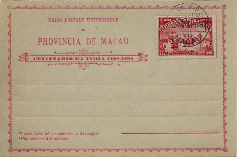 0738.jpg -     Lote:    738            Macau       Descrição:         1898 &mdash; Centenário da Índia, emissão local, com selos do Centenário colado e legendas "PROVÍNCIA DE MACAU" e " CENTENÁRIO DA ÍNDIA 1498-1898". OM VII, 1 avo vermelho (Selo obliterado com carimbo de Macau (20 MAI 98). Novo. MB        IN       Valor Base:     &euro; 15,00     Valor Venda:     &euro; 38,00     