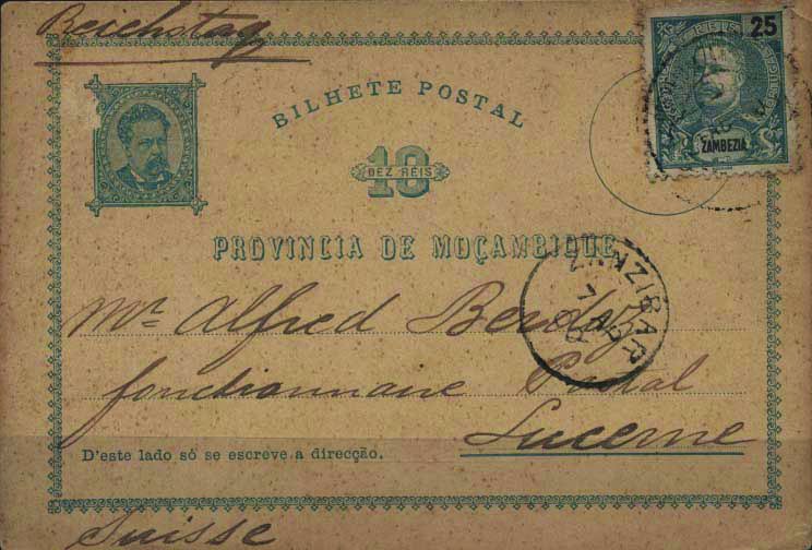 0740.jpg -     Lote:    740            Moçambique       Descrição:         1886 &mdash; D. Luís I. OM1, 10 reis azul sobre cartolina camurça. Circulado com adicional de 25 reis verde, emissão D. Carlos I da Zambézia CE19, de Quelimane (01.04.1900) para a Suíça, com trânsito por Zanzibar (07.04.1900). Inteiro usado com PI.        IC       Valor Base:     &euro; 40,00     Valor Venda:     Retirado     
