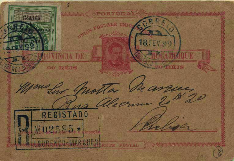 0741.jpg -     Lote:    741            Moçambique       Descrição:         1885 &mdash; D. Luís I. OM2, 20 reis carmim rosa sobre cartolina camurça, circulado registado de Lourenço Marques (18.02.99) para Lisboa (16.03.99) com &frac12;  selo de 50 s/ 800 reis verde amarelo, cortado, da emissão de 1889 &mdash; Selos fiscais de Moçambique , com sobrecarga, CE50. MB.        IC       Valor Base:     &euro; 50,00     Valor Venda:     Retirado     