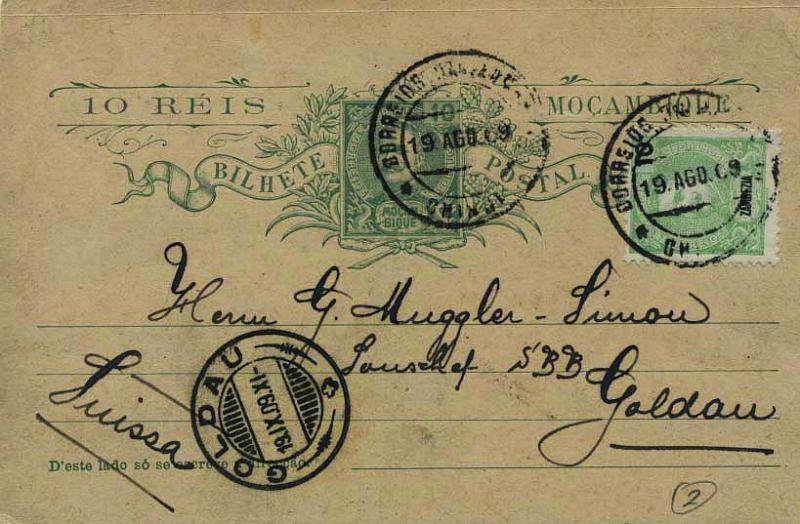0742.jpg -     Lote:    742            Moçambique       Descrição:         1903 &mdash; D. Carlos I. OM4a (altura das linhas da direcção = 25mm), 10 reis verde sobre cartolina camurça clara, circulado do Chinde (19.08.09) para Goldan / Suiça (19.09.09) com selo adicional de 10 reis verde tipo D. Carlos I Mouchon da Zambézia CE16. B e R.        IC       Valor Base:     &euro; 20,00     Valor Venda:     &euro; 46,00     