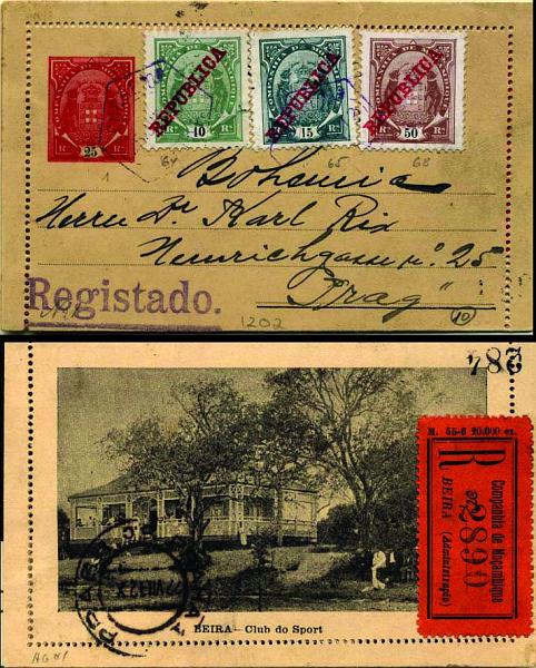 0744.jpg -     Lote:    744            Companhia de Moçambique       Descrição:         1904 &mdash; Tipo Elefantes. Cartões-Postais. OM1, 25 reis rosa carmim sobre cartolina creme escura, tipo C) &mdash; Beira * Club de Sport, circulado registado da Beira (25.06.12) para Praga (22.07.12), com selos adicionais tipo "Elefantes" com sobrecarga REPUBLICA da Casa da Moeda, de 10 reis CE79, 15 reis CE80 e 50 reis CE83. MB e R.        IC       Valor Base:     &euro; 75,00     Valor Venda:     Retirado     