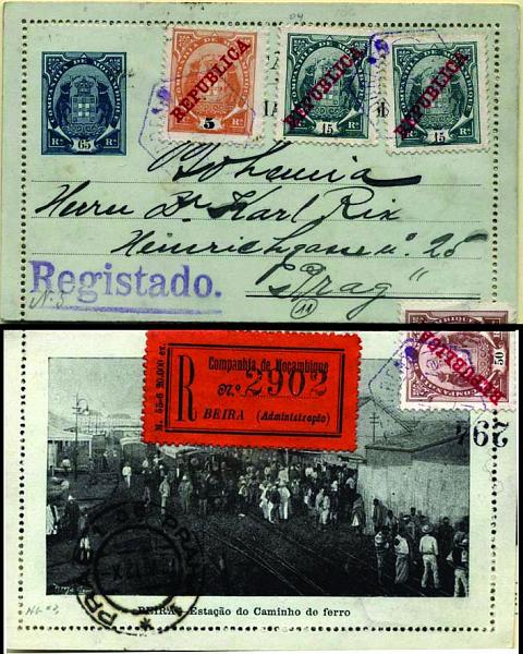 0745.jpg -     Lote:    745            Companhia de Moçambique       Descrição:         1904 &mdash; Tipo Elefantes. Cartões-Postais. OM3, 65 reis azul sobre cartolina azul-clara, tipo B) &mdash; Beira * Estação do Caminho de Ferro, circulado registado da Beira (15.06.12) para Praga (12.07.12), com selos adicionais tipo "Elefantes" com sobrecarga REPUBLICA da Casa da Moeda, de 5 reis CE78, 2 x 15 reis CE89 e 50 reis CE83. MB e R.        IC       Valor Base:     &euro; 75,00     Valor Venda:     &euro; 75,00     