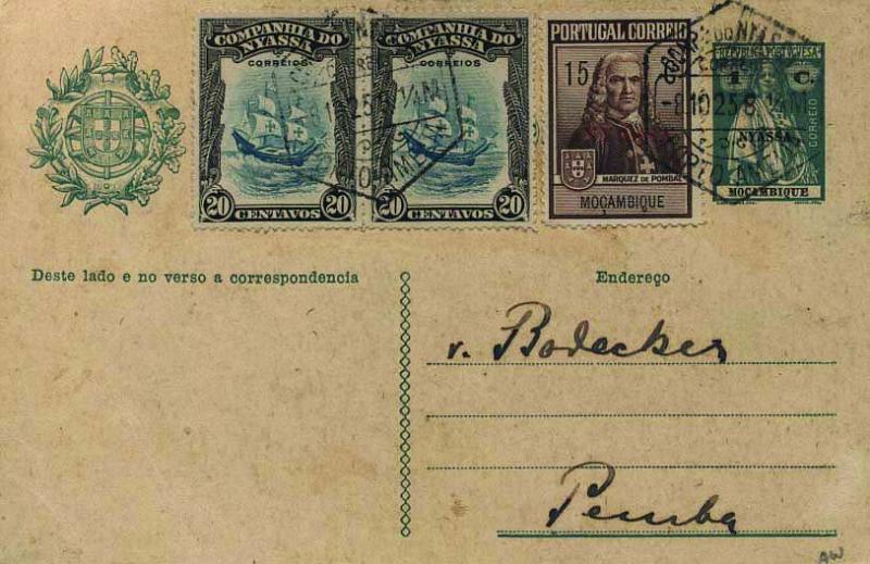 0746.jpg -     Lote:    746            Companhia do Niassa       Descrição:         1914 &mdash; Bilhetes-postais de Moçambique. Selo tipo Ceres, com a sobrecarga "NYASSA". OM17, 1C verde sobre cartolina creme. Circulado de Porto Amélia (08.10.25) para Pemba, com selos adicionais tipo Motivos Diversos de 2x20C119 + selo do Imposto Postal * Monumento ao Marquês de Pombal (Efígie) CE IP1.        IC       Valor Base:     &euro; 75,00     Valor Venda:     &euro; 110,00     