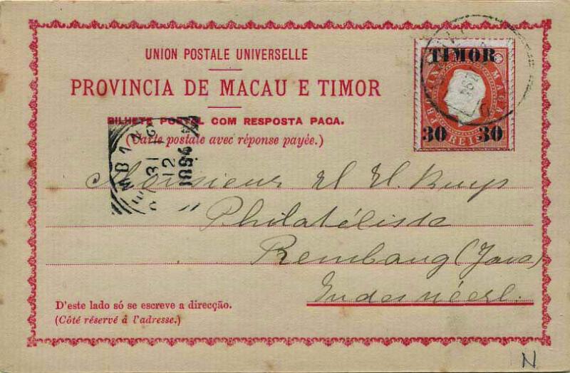 0747.jpg -     Lote:    747            Timor       Descrição:         1892 &mdash; Bilhetes postais de resposta paga. Legenda Província de Macau e Timor (75mm), sem selo impresso. OM II, 30+30 / 300+300 laranja. Impresso circulado de Timor (16.12.94) para Rembang * Java (31.12.1894). MB e MR.        IC       Valor Base:     &euro; 75,00     Valor Venda:     &euro; 85,00     