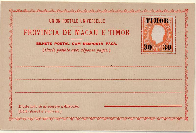 0748.jpg -     Lote:    748            Timor       Descrição:         1892 &mdash; Bilhetes Postais de resposta paga sem impressão do selo. OM II, 30+30 reis s/ 300+300 reis sobre selos de Macau com sobrecarga Timor, laranja. M B e R.        IN       Valor Base:     &euro; 10,00     Valor Venda:     Retirado     