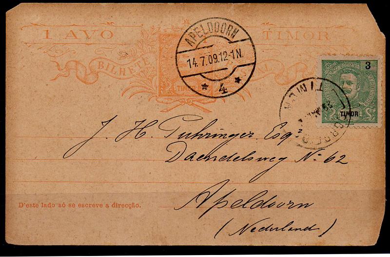 0749.jpg -     Lote:    749            Timor       Descrição:         1903 &mdash; D. Carlos I tipo Mouchon. OM3, 1 avo laranja sobre cartolina camurça com adicional de 3 avos verde tipo D. Carlos I Mouchon CE99, circulado de Timor (29.05.09) para a Alemanha (14.07.09). Defeitos em 3 cantos.        IC       Valor Base:     &euro; 25,00     Valor Venda:     Retirado     