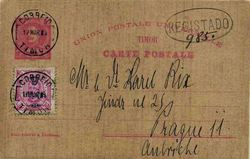 0751.jpg -     Lote:    751            Timor       Descrição:         1903 &mdash; D. Carlos I, tipo Mouchon. OM5, 5 avos rosa sobre cartolina camurça, circulado registado de Timor (17.03.1914) para Praga (28.04.14), com selos adicional tipo D. Carlos I Diogo Neto com sobretaxa de 9a s/ 75 reis carmim CE91. MB e MR.        IC       Valor Base:     &euro; 75,00     Valor Venda:     &euro; 75,00     