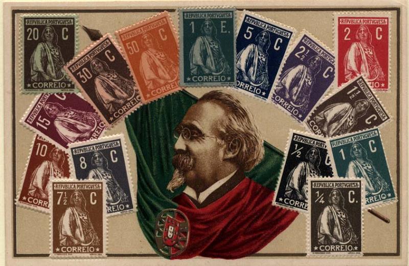 0789.jpg -     Lote:    789                   Descrição:         Temáticos * Filatelia + Implantação da República. Postal ilustrado com reprodução em relevo dos selos da 1.ª emissão de Ceres com busto de Manuel de Arriaga &mdash; 1.º Presidente da República. MBC        PI       Valor Base:     &euro; 10,00     Valor Venda:     &euro; 16,00     