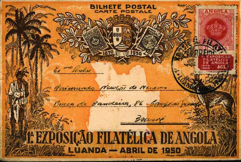0795.jpg -     Lote:    795                   Descrição:         1950 &mdash; 1.ª Exposição Filatélica de Angola. Postal ilustrado comemorativo emitido na realização do evento, circulado em Luanda (03.04.50) com selo de 1A rosa comemorativo da 1.ª Exposição Filatélica, CE322. B e R.        PI       Valor Base:     &euro; 10,00     Valor Venda:     &euro; 10,00     